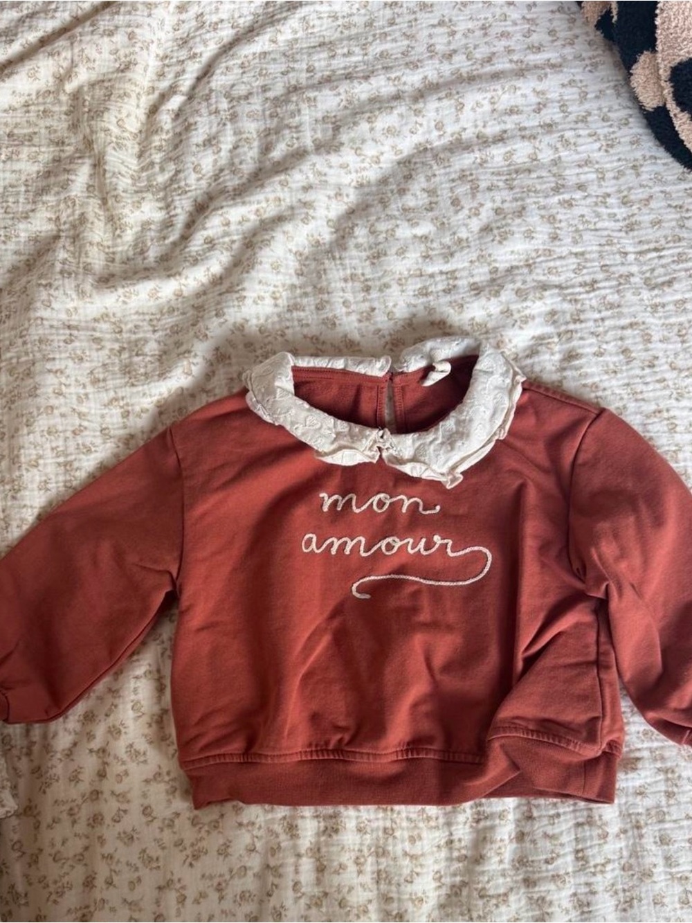 Quincy Mae Rust Red Sweatshirt with Cream Lace Collar